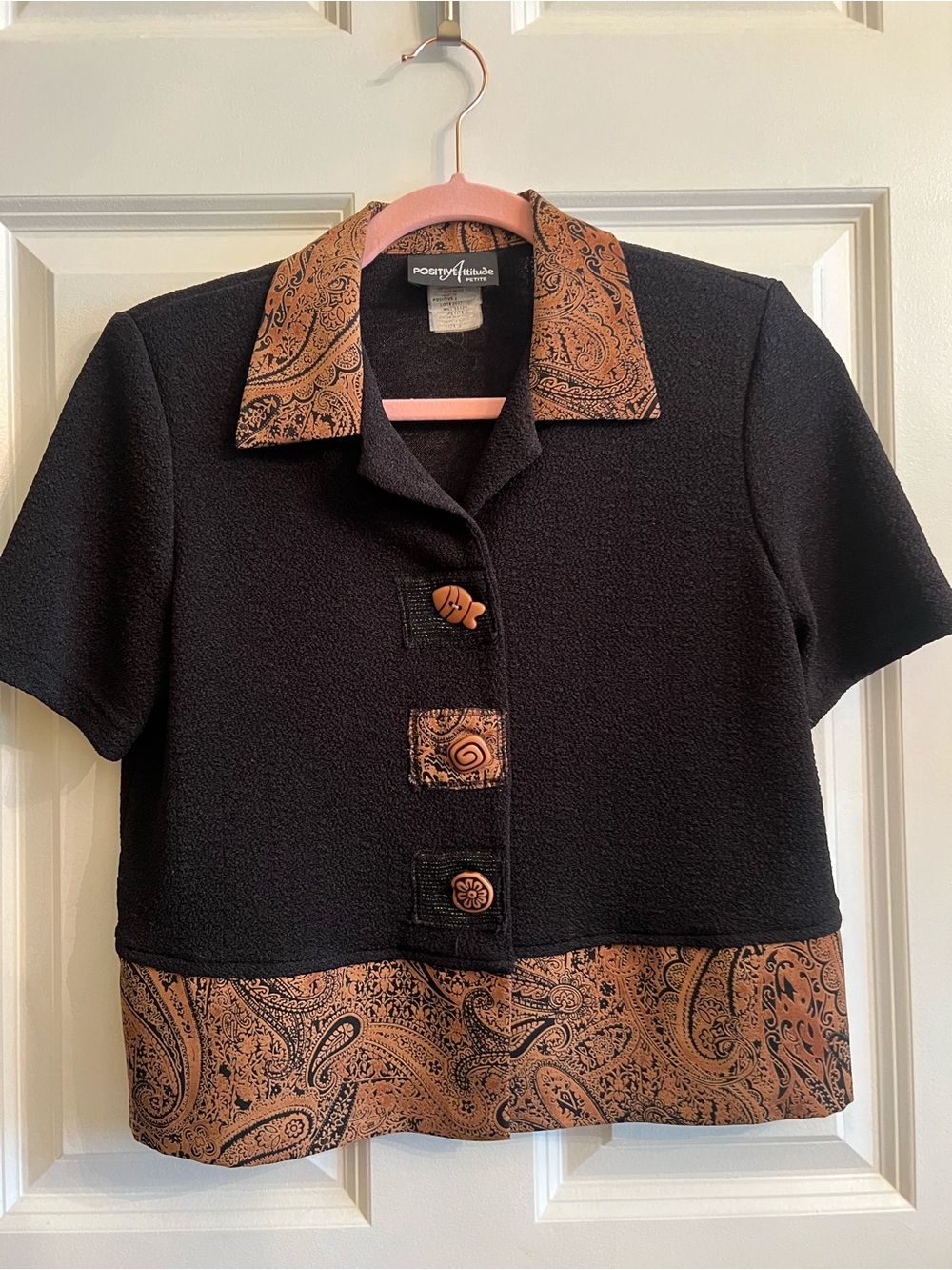 Vintage Positive Attitude Black Short-Sleeve Jacket with Brown Paisley Trim